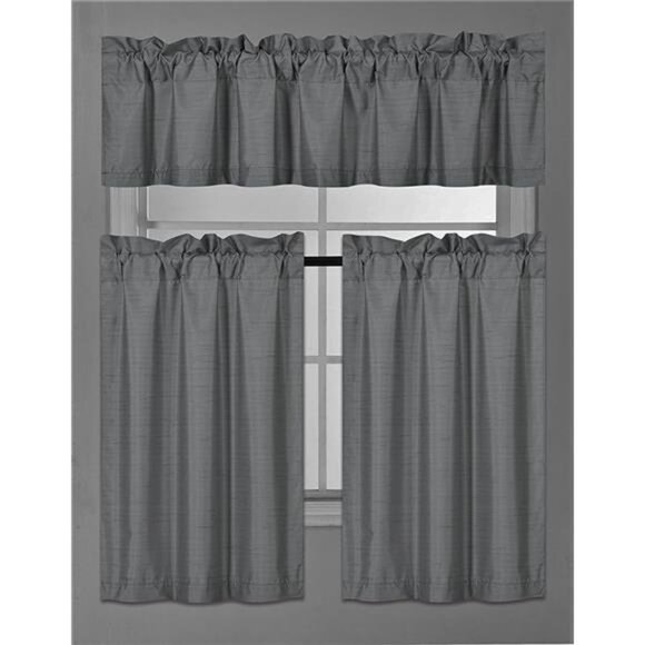 3 Piece Solid Color Faux Silk Blackout Kitchen Window Curtain Set with Tiers - Picture 2 of 2